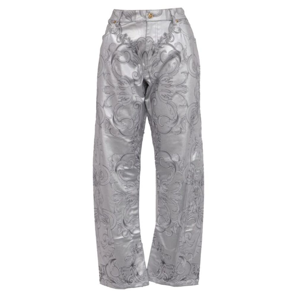 Versace Baroque-Print Barrel Jeans in Metallic Silver Cotton